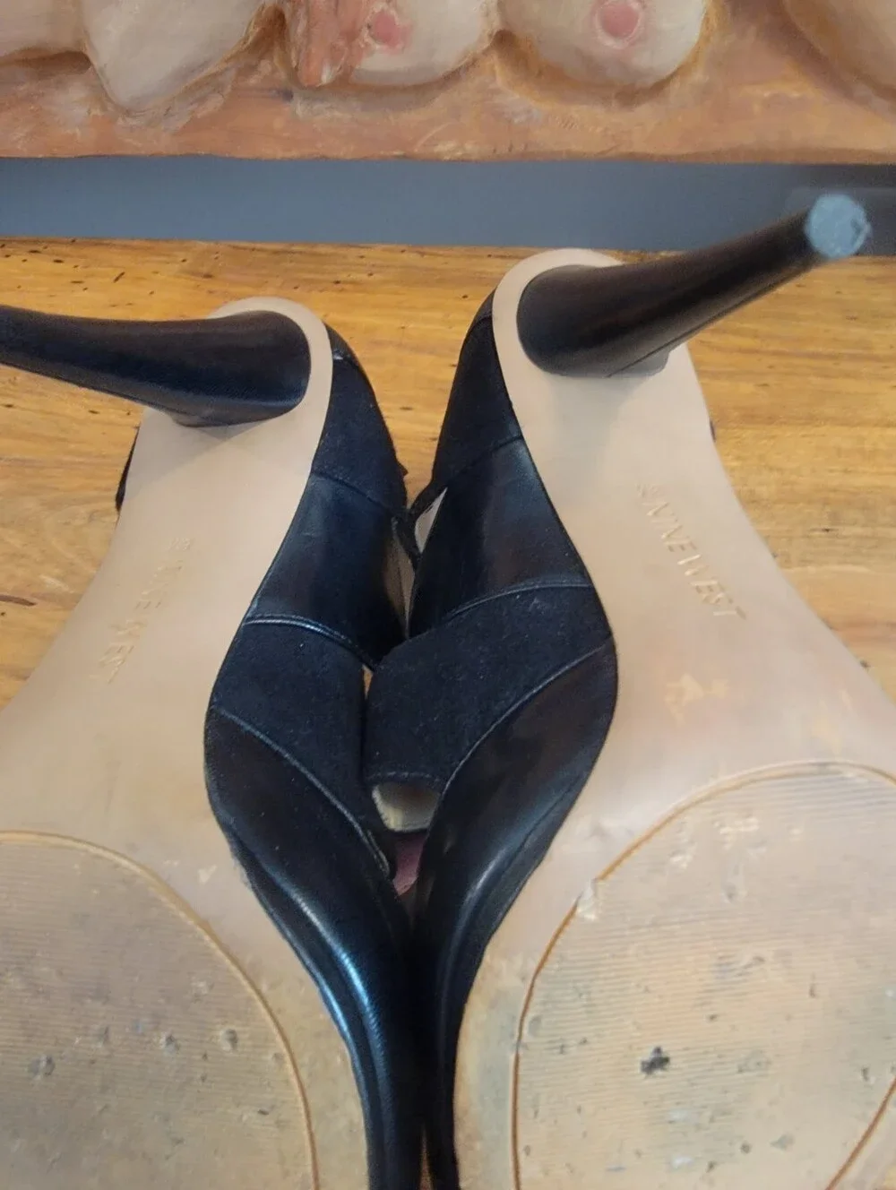 Nine West Sz 8 Black Faux Leather & Suede Stappy Peep Toe 4